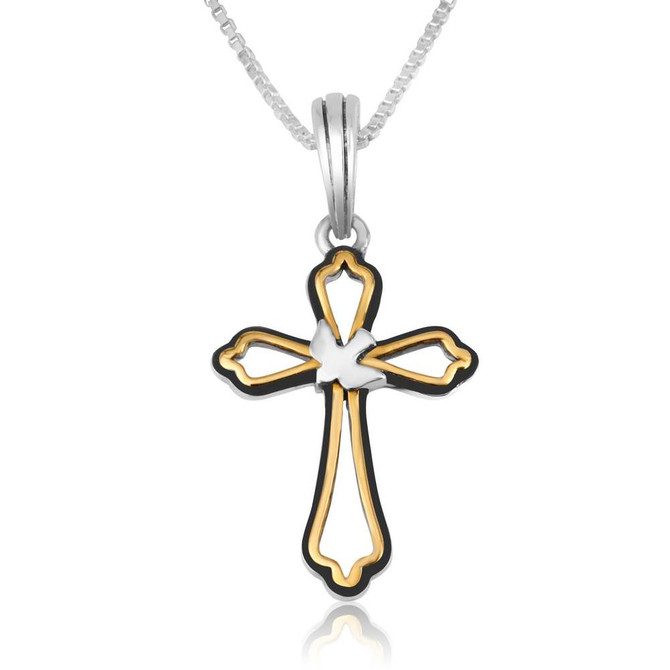 Silver Pendant in a form of Gold Plated Cross and Dove