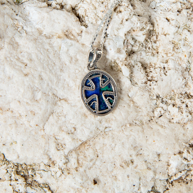 Sterling Silver Azurite Stone Cross Pendant