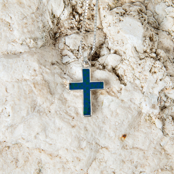 Silver Cross Pendant with Azurit Stone