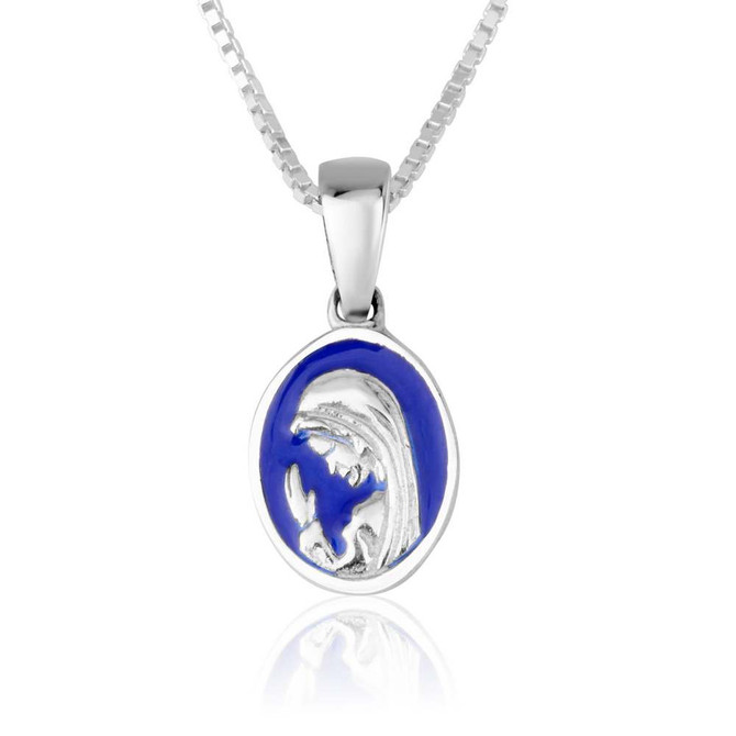 Sterling Silver Catholic Medal Pendant with Blue Enamel