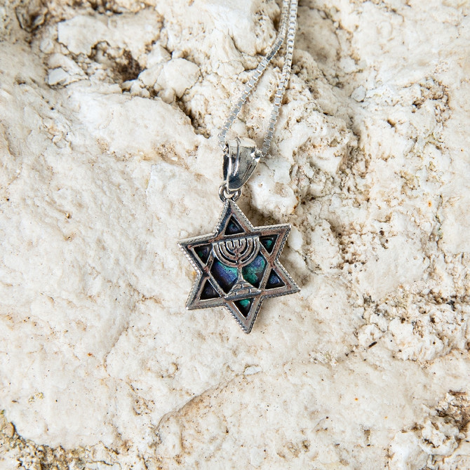 Sterling Silver Davids Star Menorah Pendant with Azurite Stone