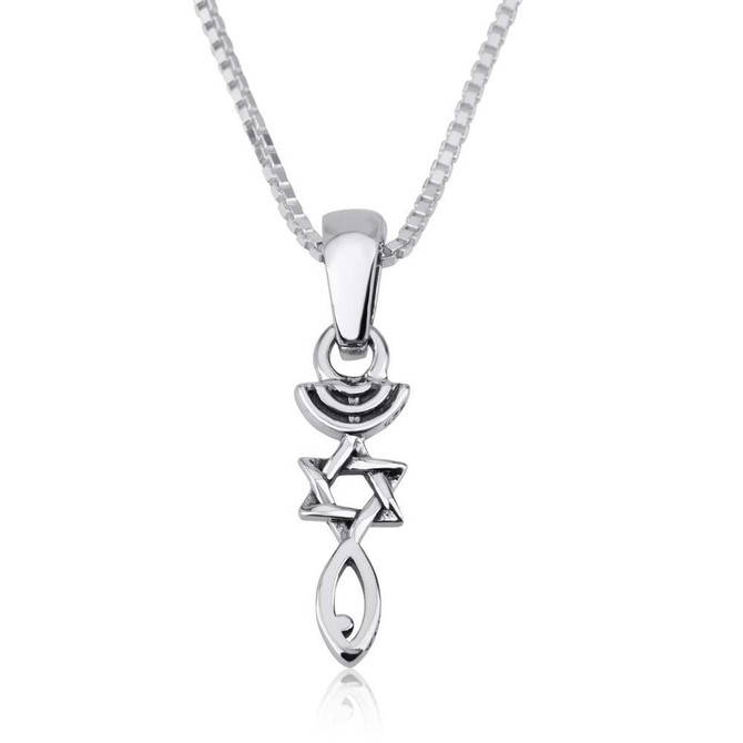 Messianic Silver Pendant Menorah Fish and Star Of David