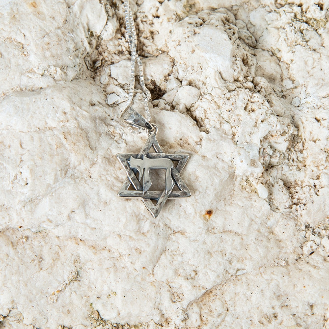 Silver Chai Emblazoned Pendant in a form of Star of David