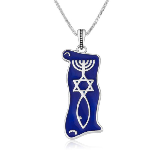 Sterling Silver Scroll Shaped Pendant with Blue Enamel