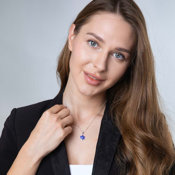 Star of David Embedded Menorah Pendant with Blue Enamel