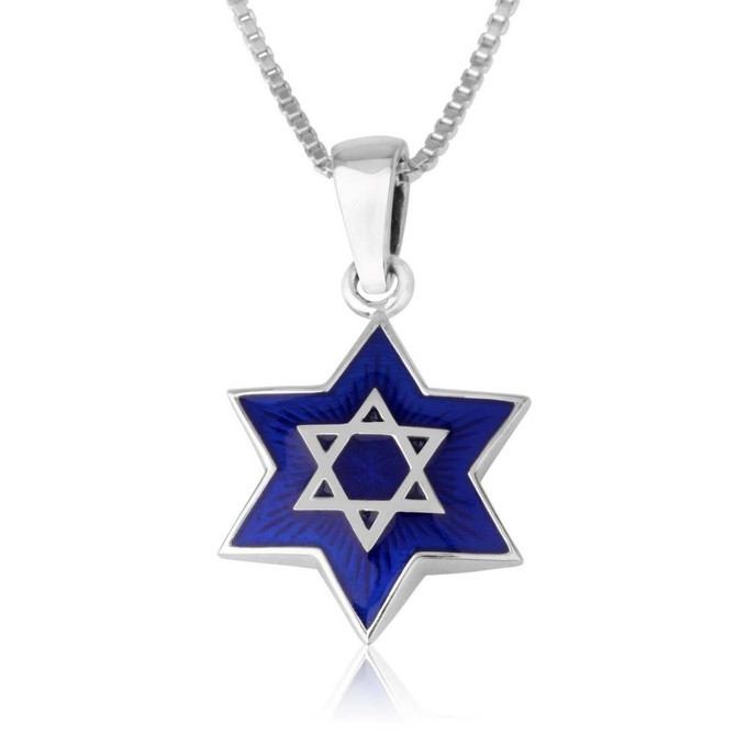 Sterling Silver Star of David Pendant with Blue Enamel