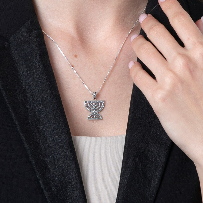 Silver Diamond Shaped Menorah Pendant