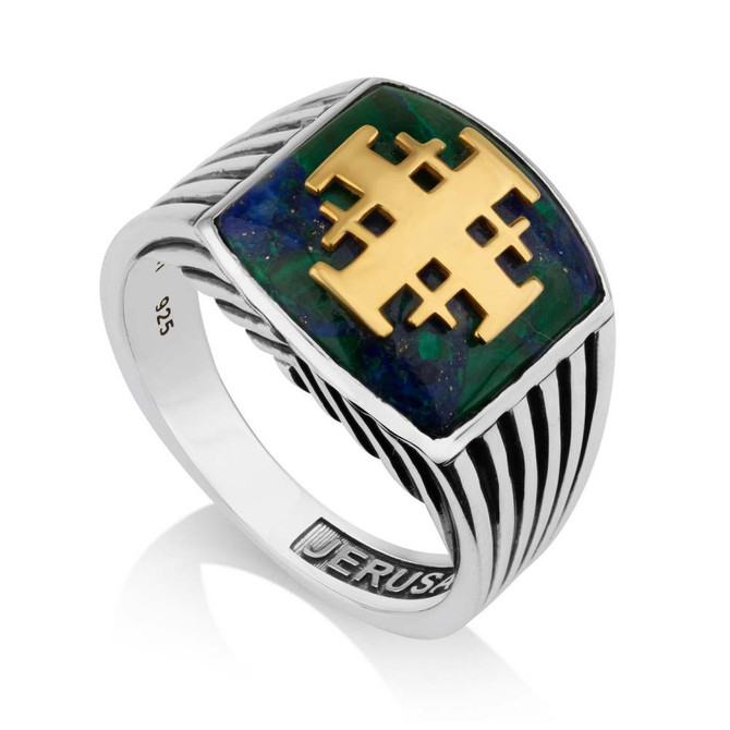 Mens Jerusalem Cross Gold plated Ring with Azurite Stone