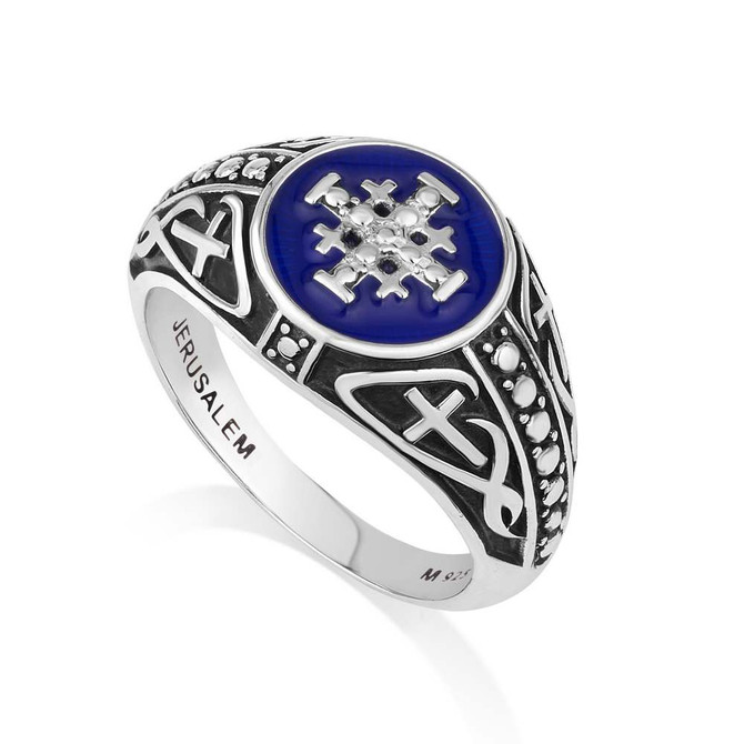 Jerusalem Engraved Cross Silver Ring with Blue Enamel