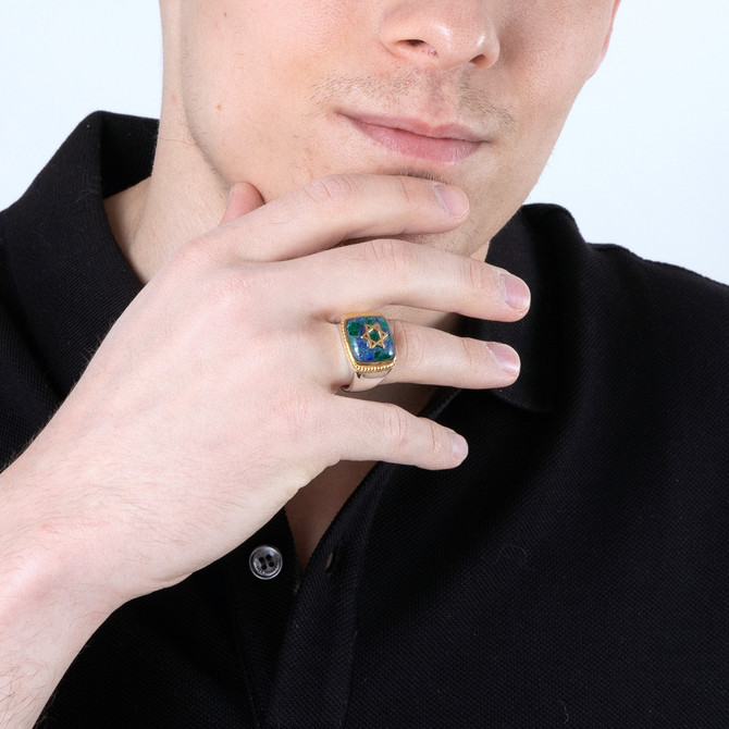 925 Silver Ring with Azurite Stone Gold Plated Star David