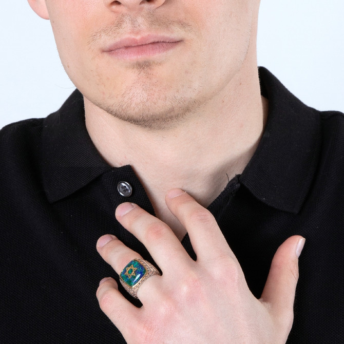 Gold Plated Star David Silver Ring with Azurite Stone