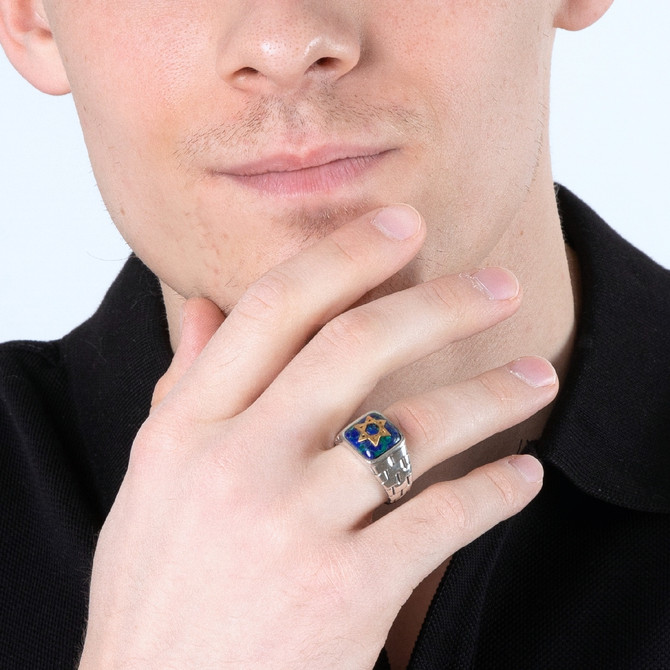 Silver Ring with Gold Plated Star David Ring with Azurite