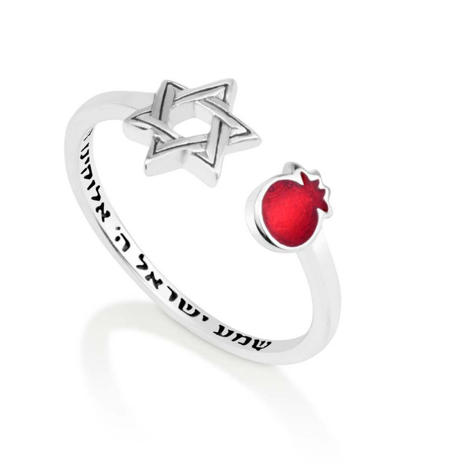 Open Ring with Cut Out Star David and Pomegranate Red Enamel