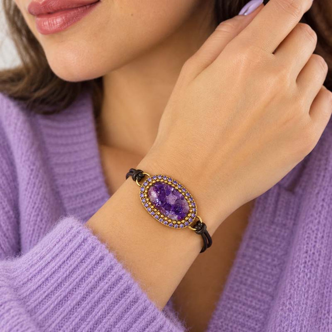 Michal Golan Violet Amethyst Oval Leather Bracelet