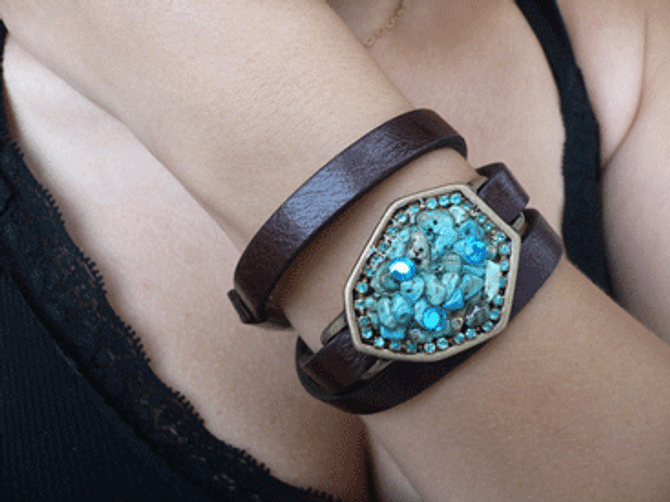 Iris Jewelry Multi Wrap Brown Leather Bracelet With Turquoise Geometric Element