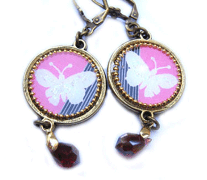 Iris Jewelry Enamel Earrings With Czech Stones And Hand-Painted Butterfly