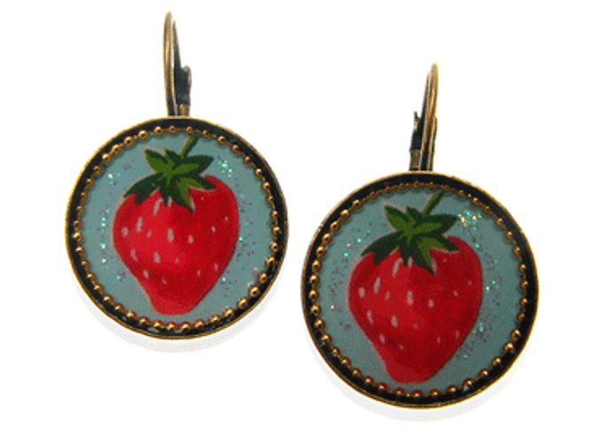 Iris Designs Round Enamel Strawberry Drop Earrings