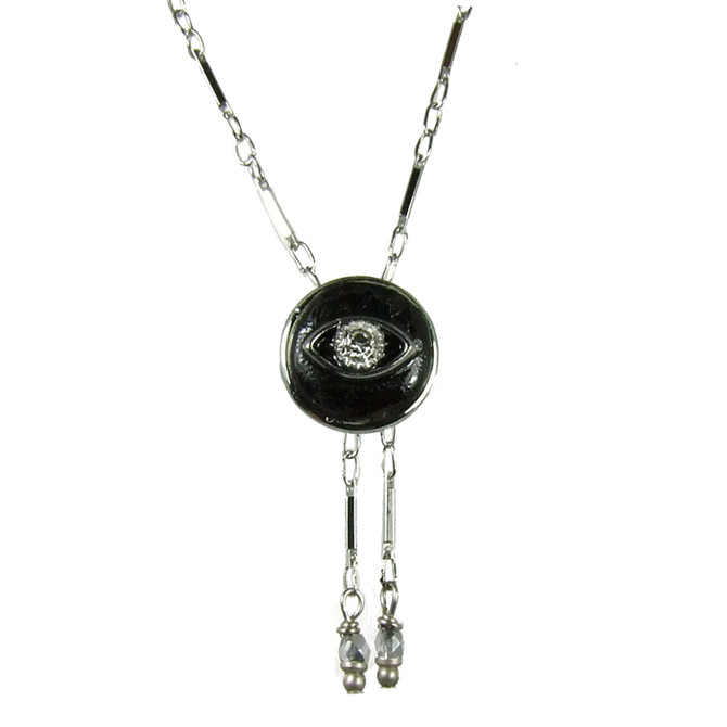 Evil Eye Necklace - Black Pendant W/ Clear Crystal Centered Eye With Two Dangles