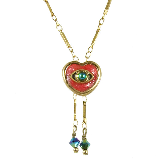 Evil Eye Necklace - Pink, Heart Pendant With Blue Centered Eye