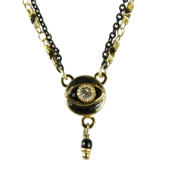 Michal Golan Evil Eye - Black, Eye Pendant With Single Dangle On Two Colored Chain