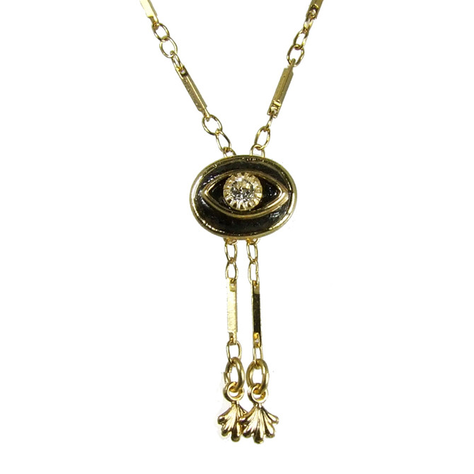 Evil Eye Necklace - Black Oval With Crystal Centered Eye & Double Dangles