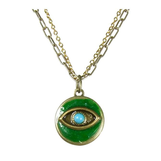 Evil Eye Necklace - Green Circle Pendant With Blue Centered Eye On Single Chain