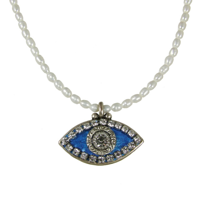 Evil Eye Necklace - Blue, Medium Eye With Crystals