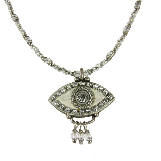 Evil Eye Necklace - Silver Eye With Clear Crystals With Three Dangles