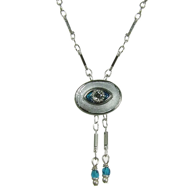 Evil Eye Necklace - Small, Silver, Oval With Clear Crystals & Two Dangles