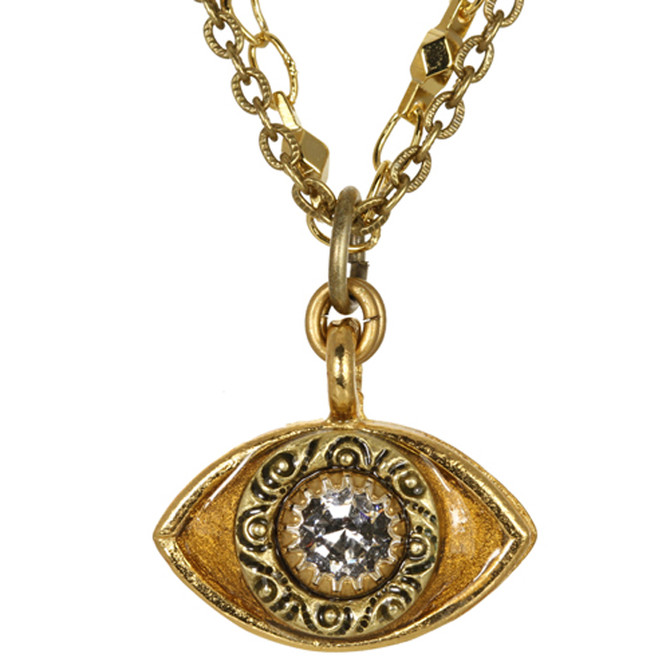 Evil Eye Necklace - Michal Golan Medium, Gold Eye With Clear Crystal Center On Three Stranded Chain