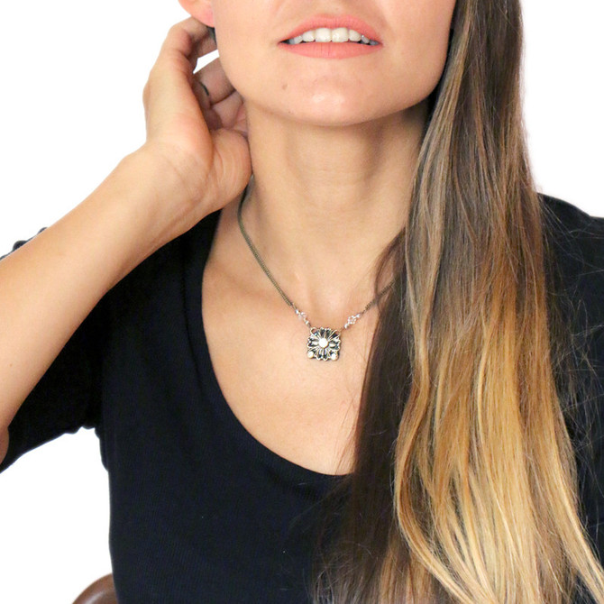 Michal Golan Crystal Centered Square Pendant Double Chain Necklace