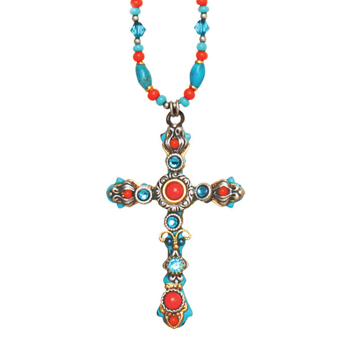 Michal Golan Cross Necklace Coral Sea