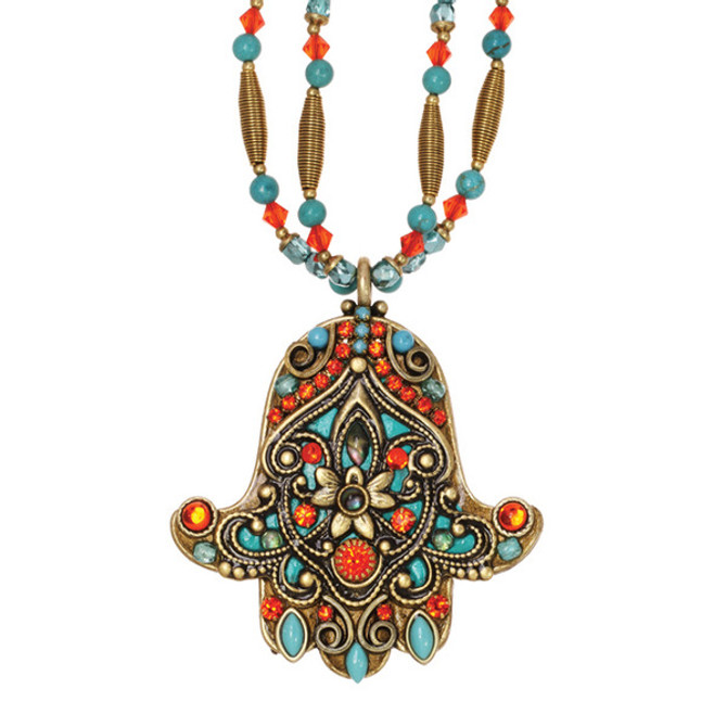 Coral And Teal Hamsa Necklace