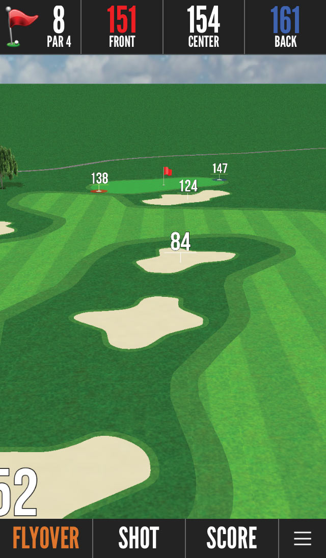 Bushnell Golf que muestra la distancia a la clavija y las distancias a las trampas de arena en el pozo. 