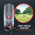 Tour V5 laser rangefinder by Bushnell Golf demonstration photo of fast focus system. Tour V5 laser rangefinder by Bushnell Golf demonstration photo of fast focus system.