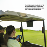 Two Wingman 2 Golf GPS Speakers on cart bars showing, TWS surround sound technology Two Wingman 2 Golf GPS Speakers on cart bars showing, TWS surround sound technology