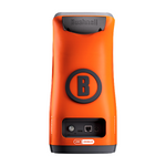 The back of an orange golf launch monitor with "Bushnell" on top and a large black circle with a "B" in the center. Connectivity ports are visible at the bottom.