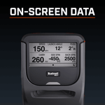 Close-up of a golf launch monitor screen displaying "ON-SCREEN DATA." Metrics like speed (150 MPH), carry (260 YDS), and back spin (2500 RPM) are shown.