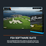 A screenshot of the FSX Play golf simulation software showing a seaside golf course. A black box for "FSX PLAY" software is in the foreground.