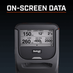 Launch monitor display showing shot speed, angle, and spin metrics.
