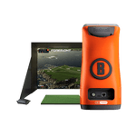 Bushnell Launch Pro Simulator Package showing a golfer hitting into a full enclosure, screen, and mat setup with the launch monitor.