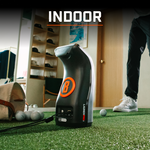 Bushnell Launch Pro i set up indoors on turf, capturing golf swing data for accurate at-home practice and simulation.