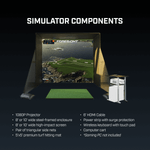Full Golf Simulator Components: Enclosure, screen, projector, turf mat, computer cart, keyboard, and cables.