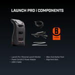Launch Pro i Components: Launch monitor device, power cord/adapter, USB-C, club marker pack, and alignment stick.
