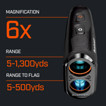 The Bushnell Golf Tour V7 Shift provides 6x magnification with a powerful laser range capability from 5 to 1,300 yards and accurate flag detection from 5 to 500 yards.