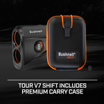 The Bushnell Golf Tour V7 Shift comes with a premium protective carry case designed for convenient storage and easy access on the course.