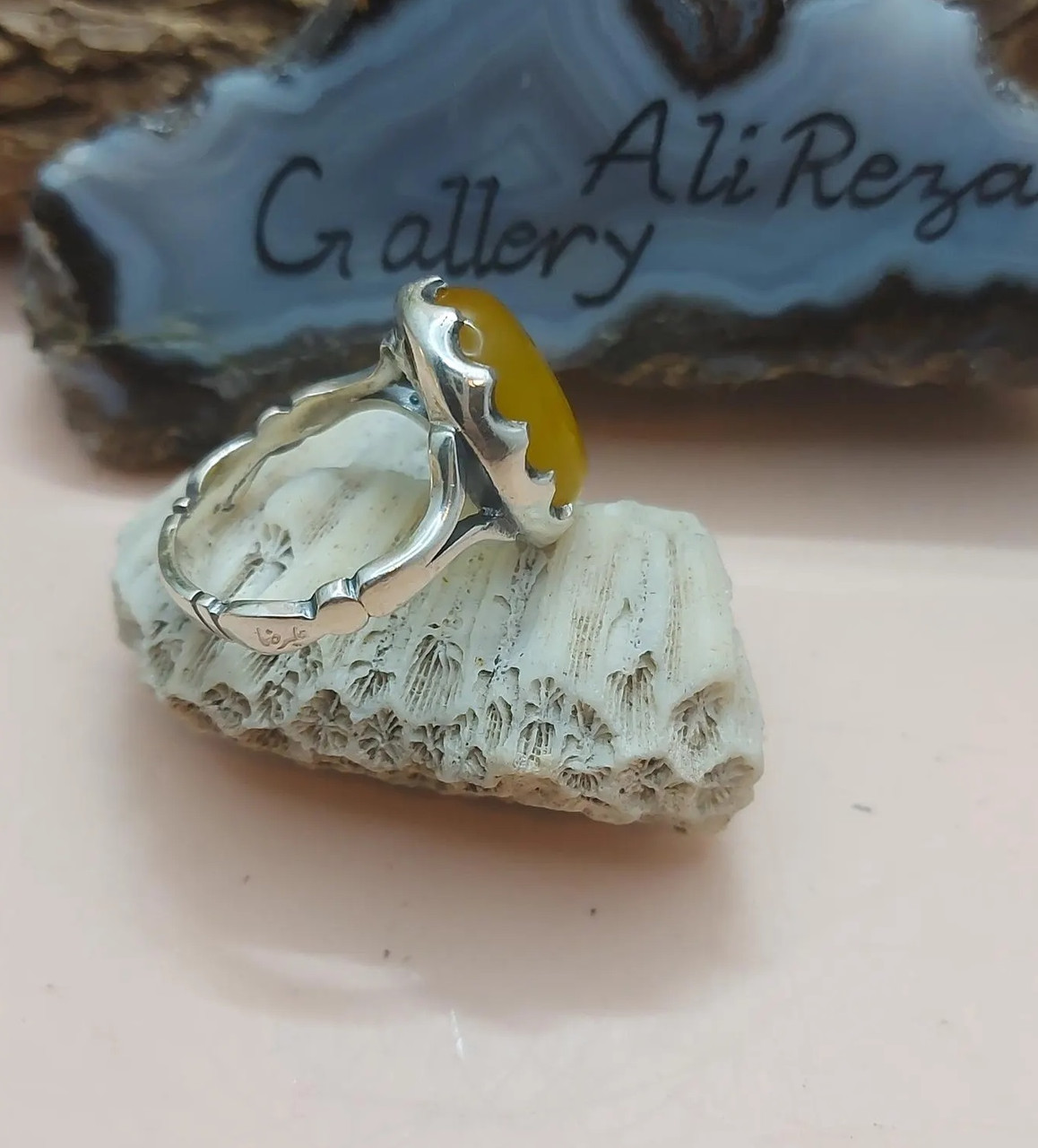 Sharaf al Shams 925 Silver Sterling Ring Real Yellow Aqeeq Natural Agate Talisman Engraved at back of the stone Hirz for Protection Prosperity RM12SH