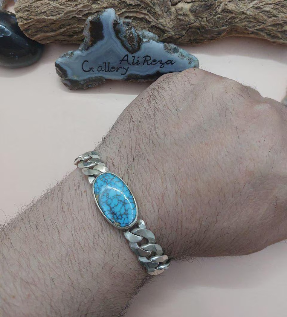Natural Feroza Nishapuri 925 Silver Men Bracelet Original Untreated Firuza  Neyshabur Wristband Naturally Mined Persian Turquoise Bracelet WR06FN