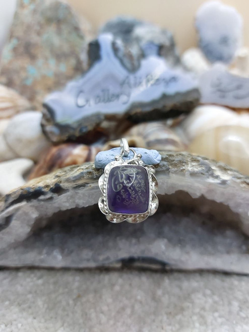 Amethyst Natural, Tear drop cut, 925 Silver women, Amethyst Pendant, Arabic Carved Islamic Calligraphy, girls, ladies,