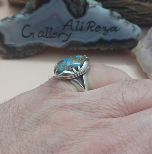 Turquoise Neyshaburi shajari 925 silver sterling men ring, Shia Muslim Feroza Nishabur Ring,